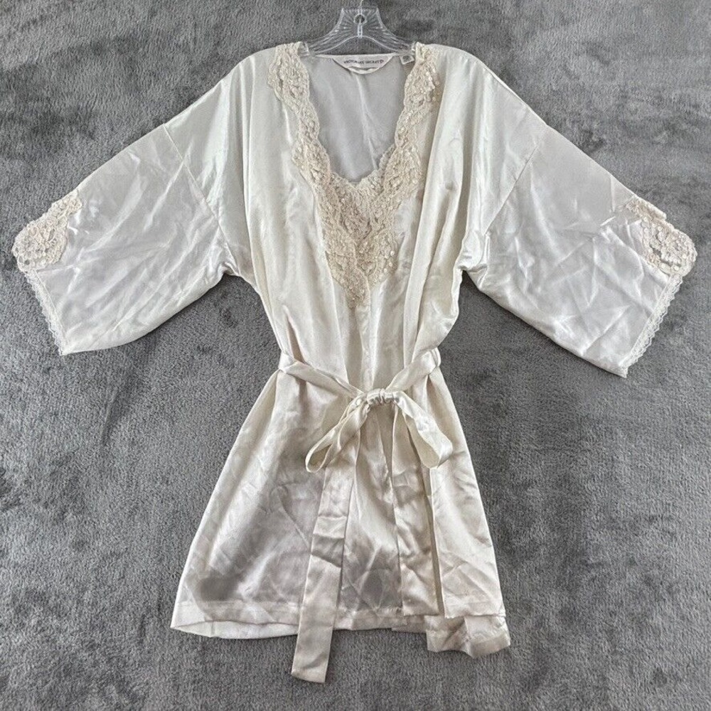 Vintage 90s Victoria's Secret Silk Teddy & Robe 2 Piece Set L Ivory Bodysuit NWT
